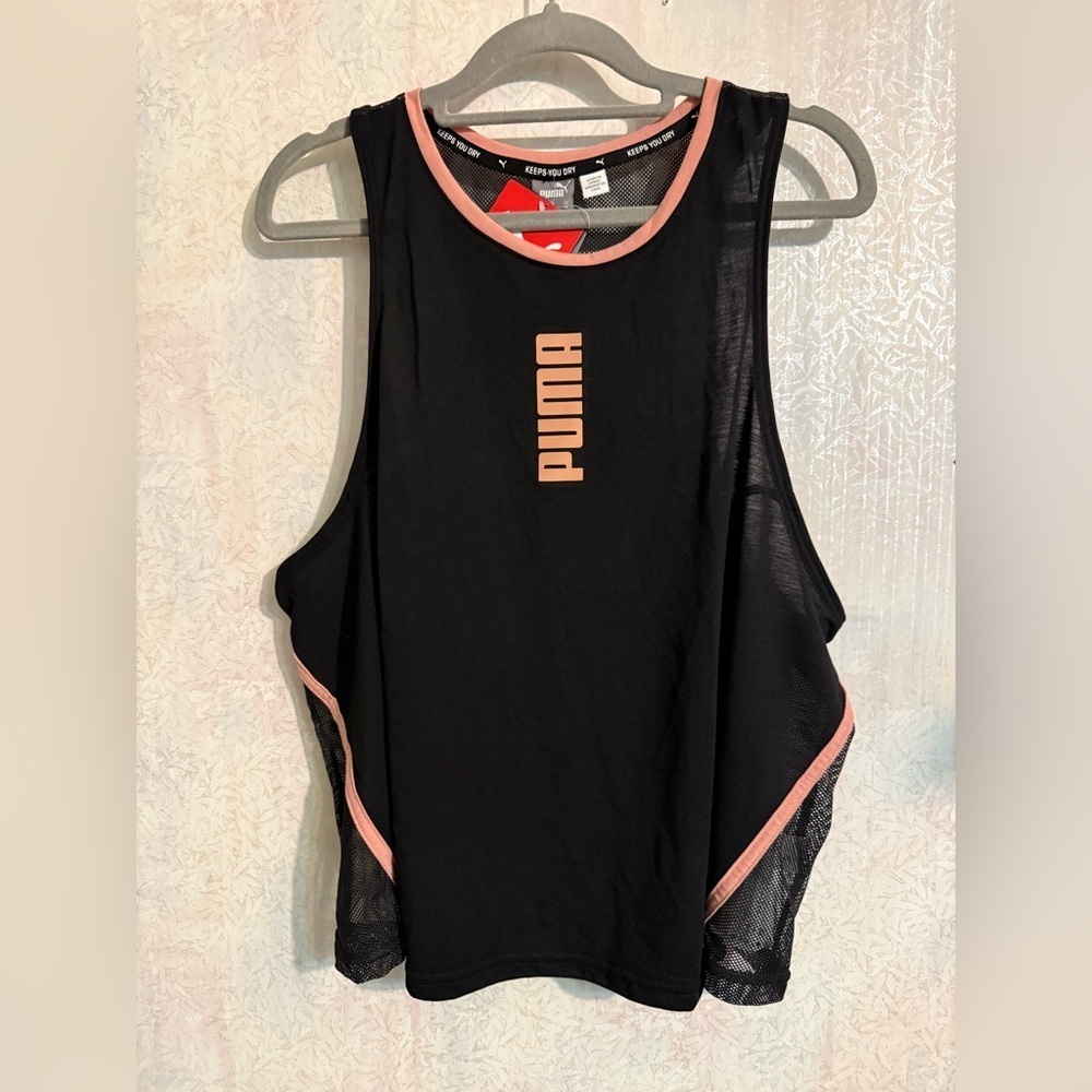 Puma Women's Black and Pink Mesh Back Tank Top, Activewear, Simple Design, Sz 1X